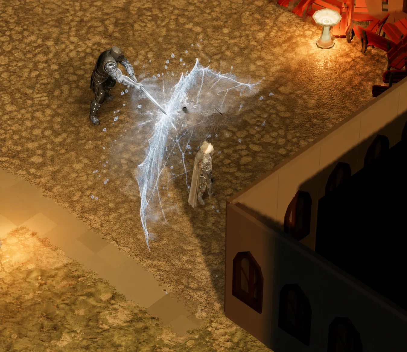 A Mage's lash of frost catches an armoured attacker mid-swing