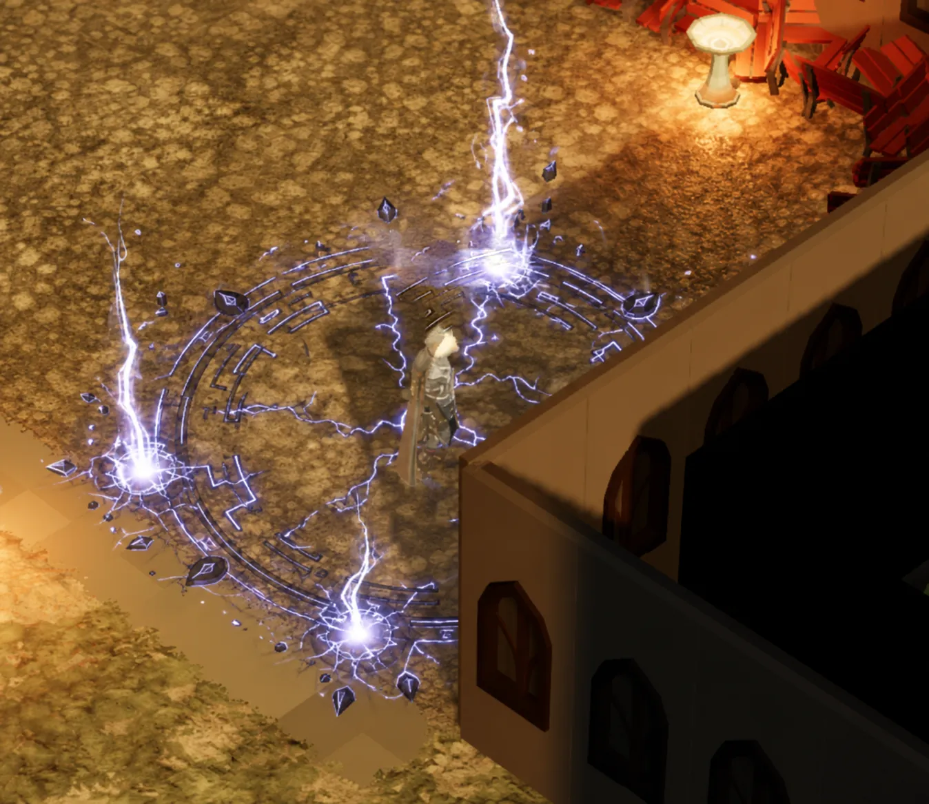 Lightning strikes around a runic circle in a stone courtyard