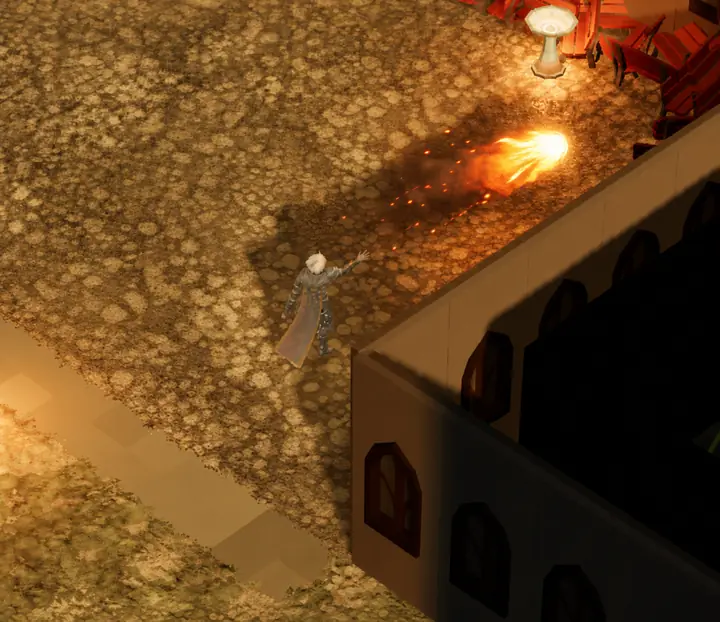 Ember Bolt — Mage discipline — a bolt of fire streaks across the courtyard.