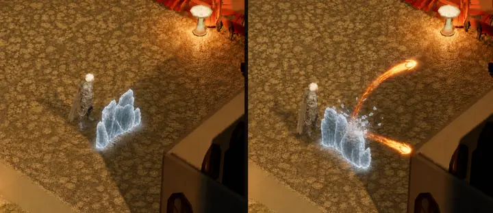 Rime Wall — Mage discipline — a fireball breaks against a wall of ice.