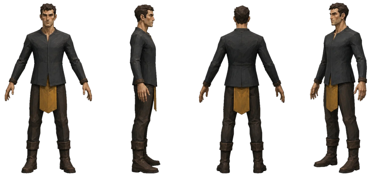 The character model shown from four angles